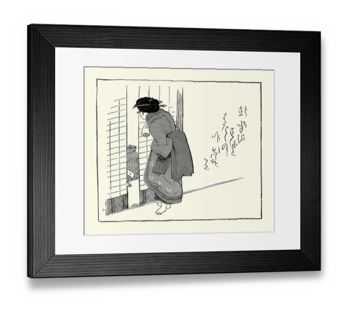 Framed Print : Traditional Japanese art, woman, opening screen door, kimono, Kanzashi hair pins, Victorian 19th Century style, Vintage illustration Framed Print : Traditional Japanese art, woman, opening screen door, kimono, Kanzashi hair pins, Victorian 19th Century style, Vintage illustration