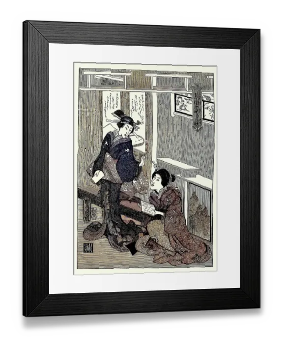 Framed Print : Traditional Japanese art, Period fashion, People, Reading scroll, Victorian 19th Century style, Vintage illustration Framed Print : Traditional Japanese art, Period fashion, People, Reading scroll, Victorian 19th Century style, Vintage illustration
