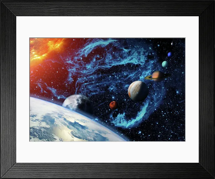 Framed Print : Digital illustration of the Solar system. Sun, Earth and planetary Moon, Mars, Jupiter, Saturn, Uranus, Neptune and the dwarf Pluto Framed Print : Digital illustration of the Solar system. Sun, Earth and planetary Moon, Mars, Jupiter, Saturn, Uranus, Neptune and the dwarf Pluto