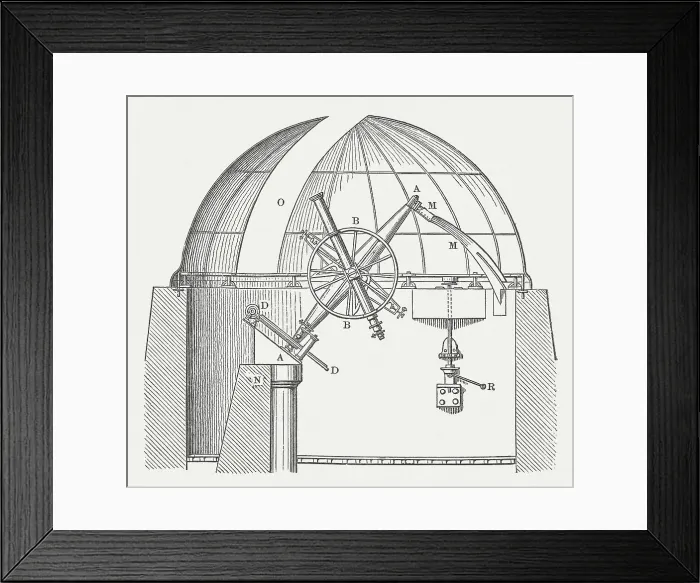 Framed Print : Equatorial mount, wood engraving, published in 1874 Framed Print : Equatorial mount, wood engraving, published in 1874