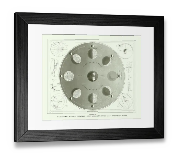 Framed Print : Engraved Antique, Illustration Phases of the Earth's Moon and Orbits of the Earth and Various Moons Engraving Antique Illustration, Published 1851 Framed Print : Engraved Antique, Illustration Phases of the Earth's Moon and Orbits of the Earth and Various Moons Engraving Antique Illustration, Published 1851