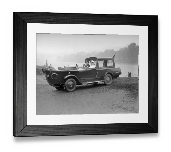 Framed Print : Car Boat. October 1926: The Peugeot motor-boat car, on a river bank Framed Print : Car Boat. October 1926: The Peugeot motor-boat car, on a river bank