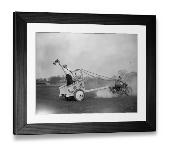 Framed Print : Fun Race. 1927: Motor Cycle Chariot race at Crystal Palace with the chariot Framed Print : Fun Race. 1927: Motor Cycle Chariot race at Crystal Palace with the chariot