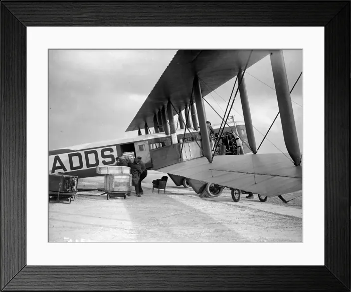 Framed Print : Loading. August 1926: Loading a Farman F.60 Goliath bi-plane airliner with crates Framed Print : Loading. August 1926: Loading a Farman F.60 Goliath bi-plane airliner with crates
