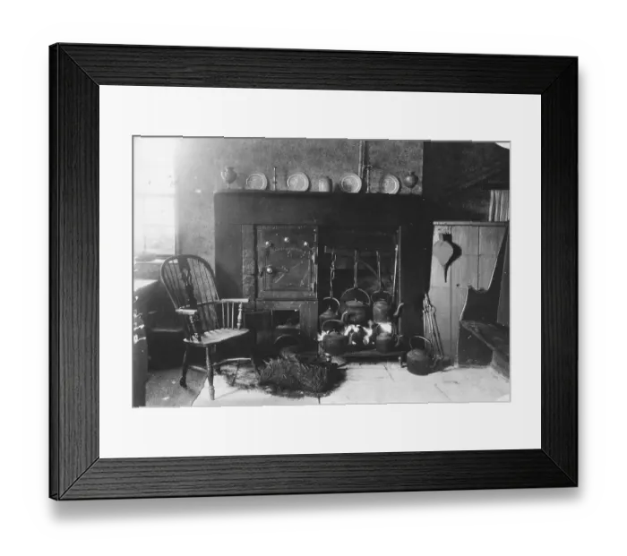 Framed Print : Kitchen. circa 1903: Kitchen living room view with kettles Framed Print : Kitchen. circa 1903: Kitchen living room view with kettles