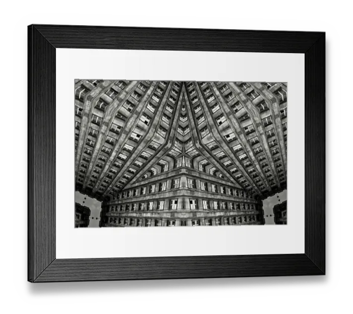 Framed Print : Impossible architectures: black and white kaleidoscopic image of Prudential Tower, a Warsaw skyscraper built between 1931 and 1934 in the Art Deco style Framed Print : Impossible architectures: black and white kaleidoscopic image of Prudential Tower, a Warsaw skyscraper built between 1931 and 1934 in the Art Deco style