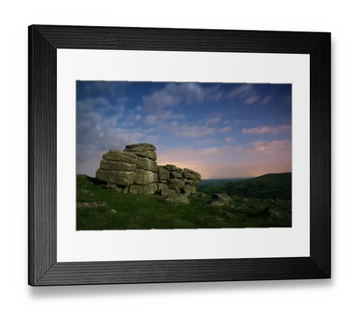 Framed Print : Night time long exposure of moonlit Hound Tor, Dartmoor, Devon, England Framed Print : Night time long exposure of moonlit Hound Tor, Dartmoor, Devon, England