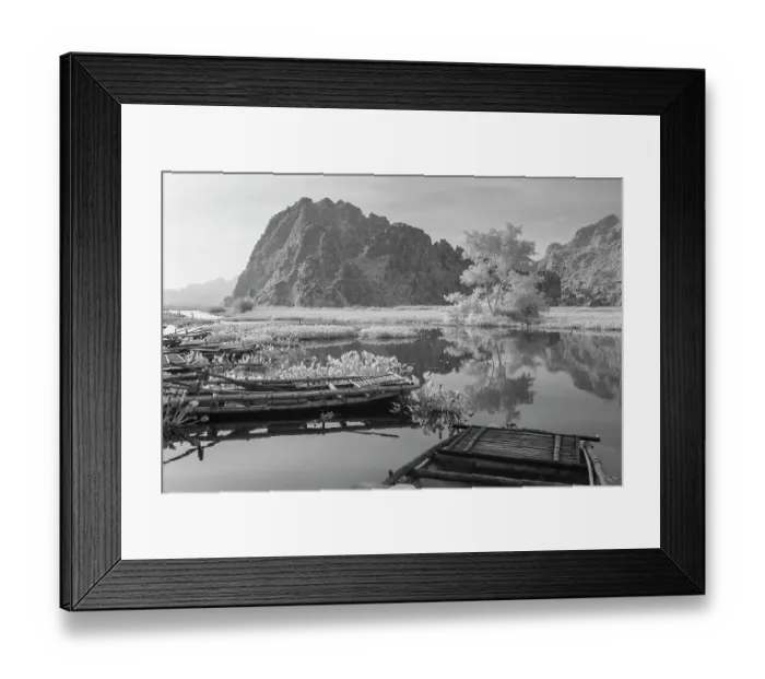 Framed Print : An infrared image of traditional bamboo boats on the waterways of Ninh Binh in Vietnam Framed Print : An infrared image of traditional bamboo boats on the waterways of Ninh Binh in Vietnam