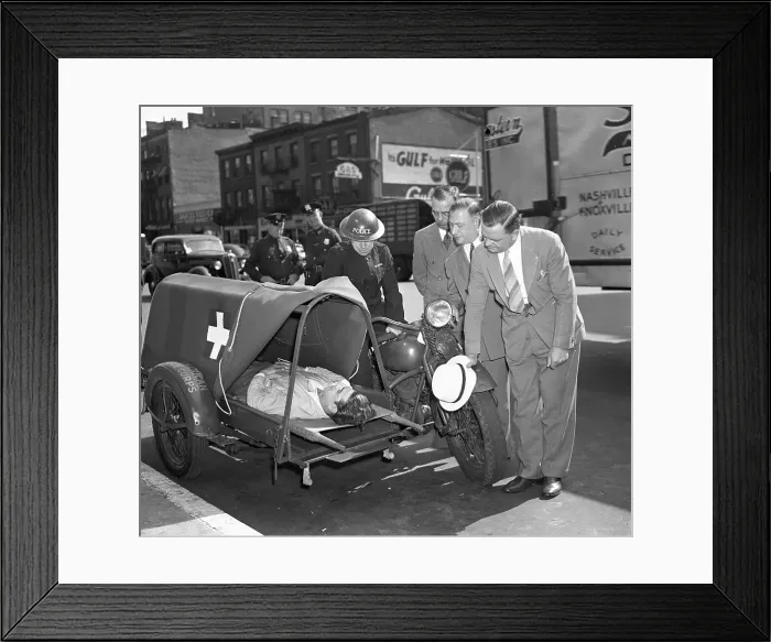 Framed Print : Motorcycle Ambulance Is Inspected By Civilian Defense Officers Framed Print : Motorcycle Ambulance Is Inspected By Civilian Defense Officers
