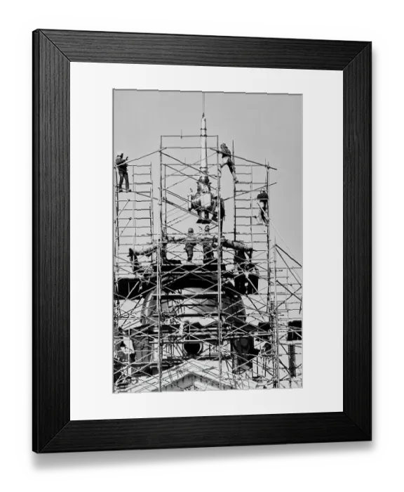 Framed Print : Workers Prepare Copper Spire Framed Print : Workers Prepare Copper Spire