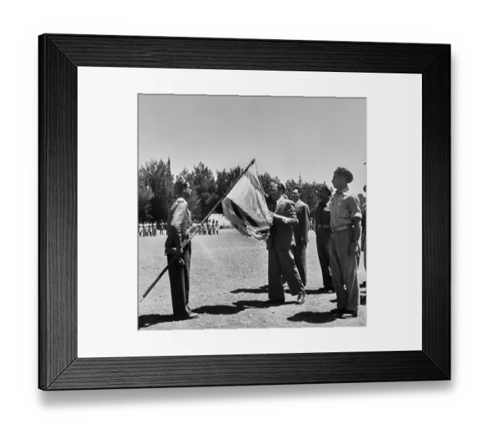 Framed Print : Menachem Begin With Irgun Flag Framed Print : Menachem Begin With Irgun Flag