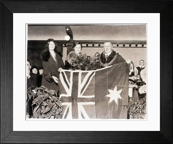 Framed Print : Amy Johnson Presents Flag to Mayor Framed Print : Amy Johnson Presents Flag to Mayor