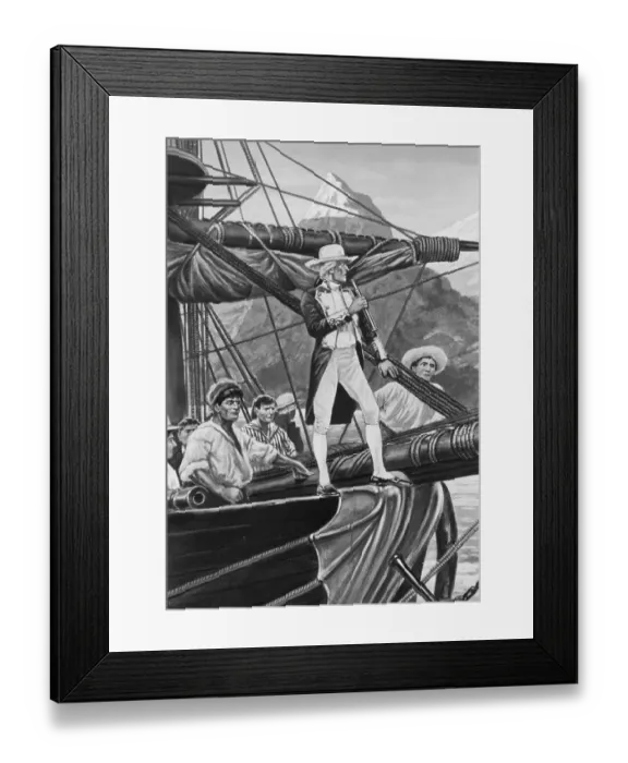 Framed Print : Print of Captain James Cook on the Prow of His Sailing Ship Framed Print : Print of Captain James Cook on the Prow of His Sailing Ship