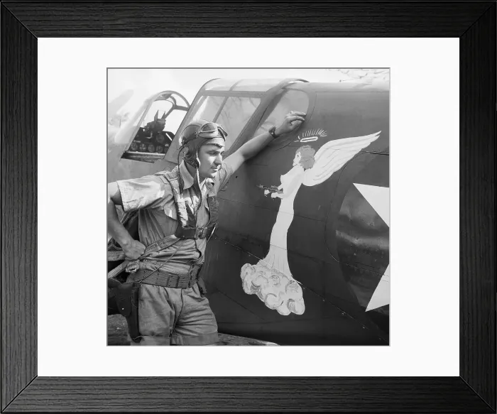 Framed Print : Pilot Stands by Plane with Decal of Angel Framed Print : Pilot Stands by Plane with Decal of Angel