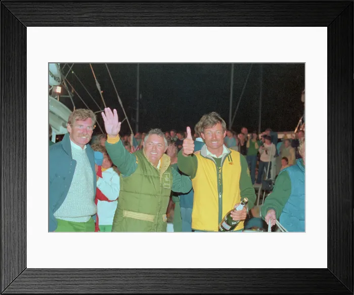 Framed Print : Alan Bond and John Bertrand Gesturing After Winning America's Cup Framed Print : Alan Bond and John Bertrand Gesturing After Winning America's Cup