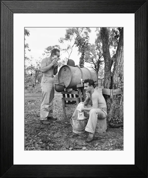Framed Print : WWII Soldiers Washing Clothes in Field Framed Print : WWII Soldiers Washing Clothes in Field