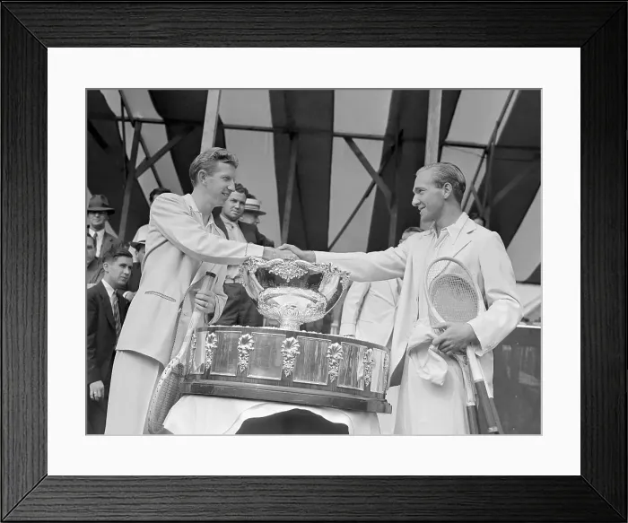 Framed Print : Don Budge and Jack Bromwich Shaking Hands over Davis Cup Framed Print : Don Budge and Jack Bromwich Shaking Hands over Davis Cup