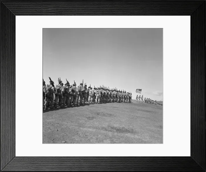 Framed Print : U.S. Troops Marching, Flag Held In Middle Framed Print : U.S. Troops Marching, Flag Held In Middle