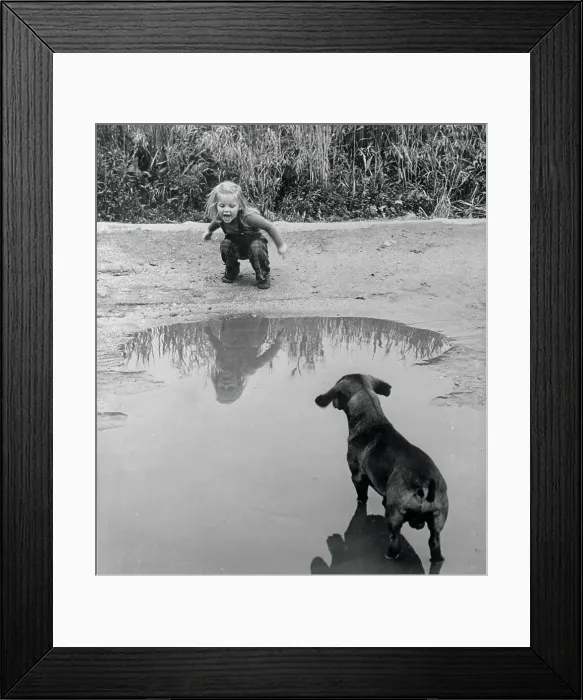 Framed Print : Toddler Playing with Dog Framed Print : Toddler Playing with Dog