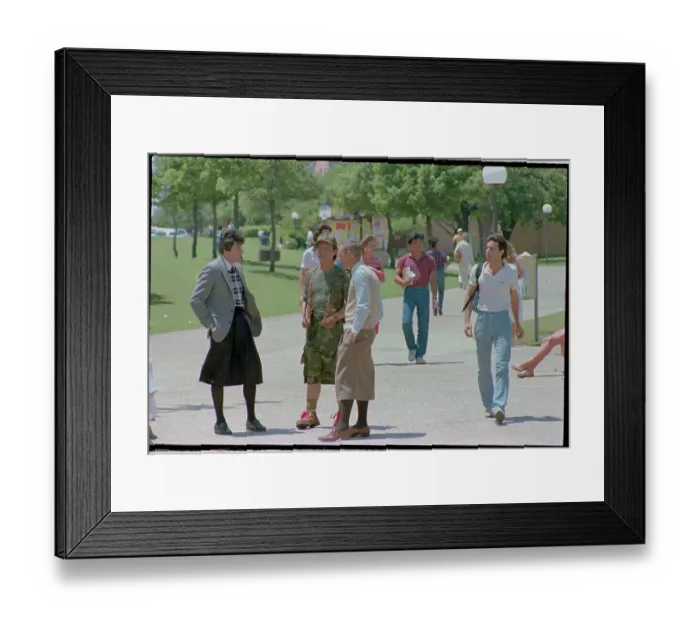Framed Print : Men Wearing Skirts on College Campus Framed Print : Men Wearing Skirts on College Campus