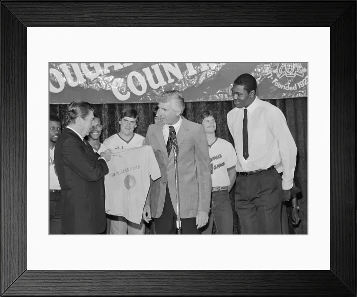 Framed Print : Ronald Reagan Receiving a T-Shirt Framed Print : Ronald Reagan Receiving a T-Shirt