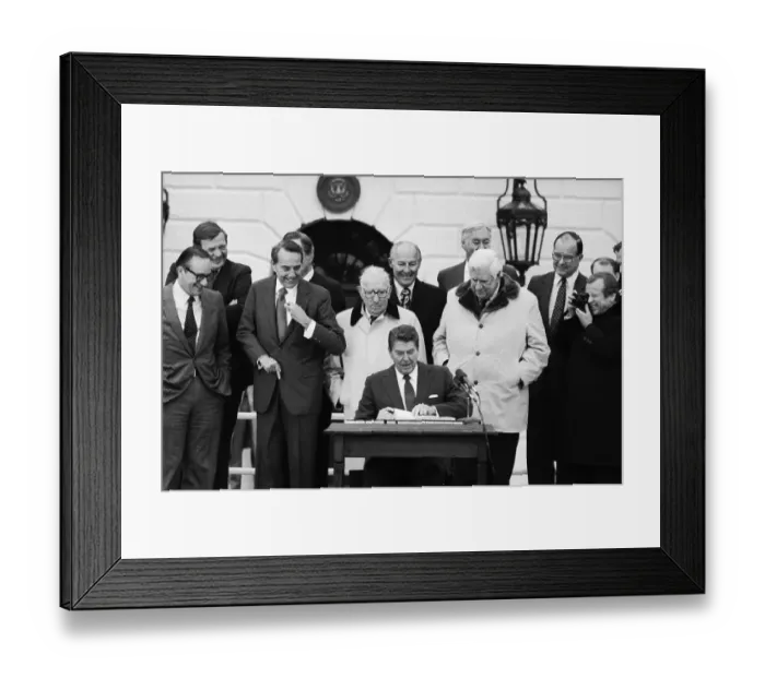 Framed Print : Ronald Reagan Signing Bill in Midst of Politicians Framed Print : Ronald Reagan Signing Bill in Midst of Politicians
