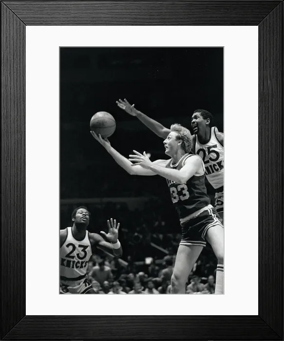Framed Print : Bill Cartwright Reaching Past Larry Bird for Basketball