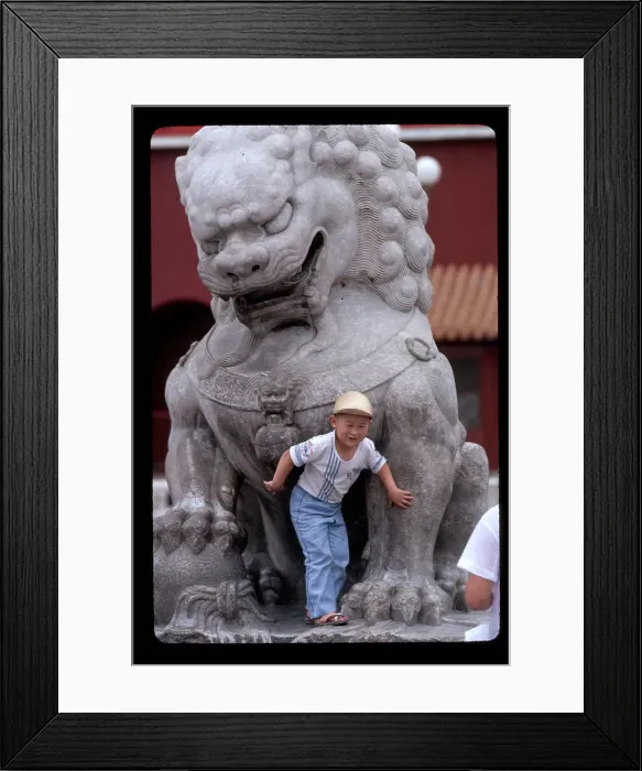 Framed Print : Chinese Boy Poses with Statue of Lion Framed Print : Chinese Boy Poses with Statue of Lion