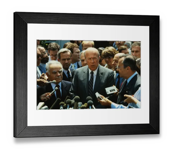 Framed Print : George Shultz Alongside His Peers While Speaking to Reporters Framed Print : George Shultz Alongside His Peers While Speaking to Reporters