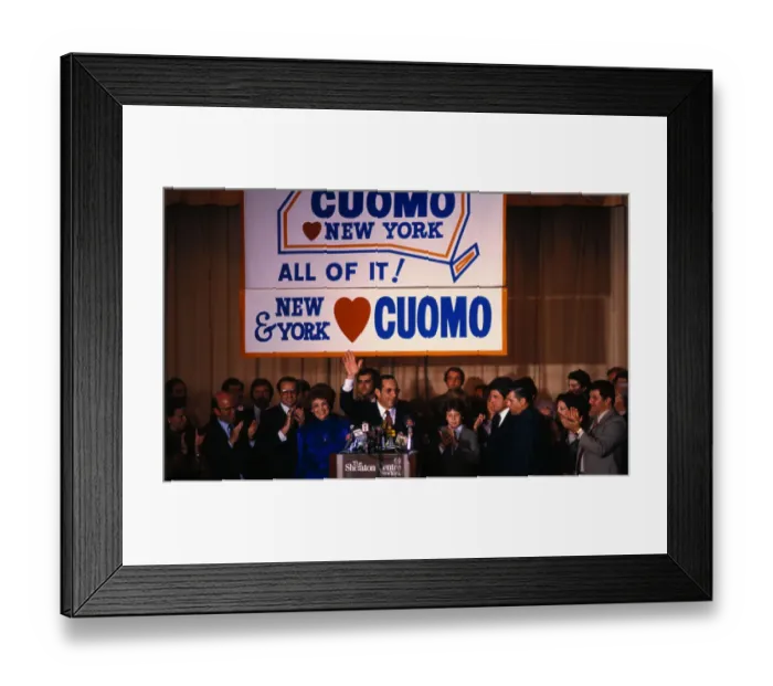 Framed Print : Mario Cuomo at Podium and Waving at Election Ceremonies Framed Print : Mario Cuomo at Podium and Waving at Election Ceremonies