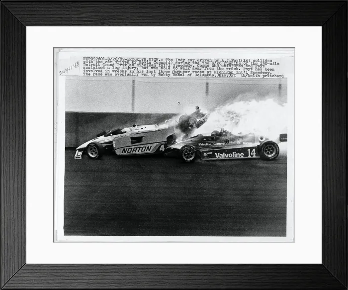 Framed Print : A.J. Foyt in Collision at Detroit Grand Prix Framed Print : A.J. Foyt in Collision at Detroit Grand Prix