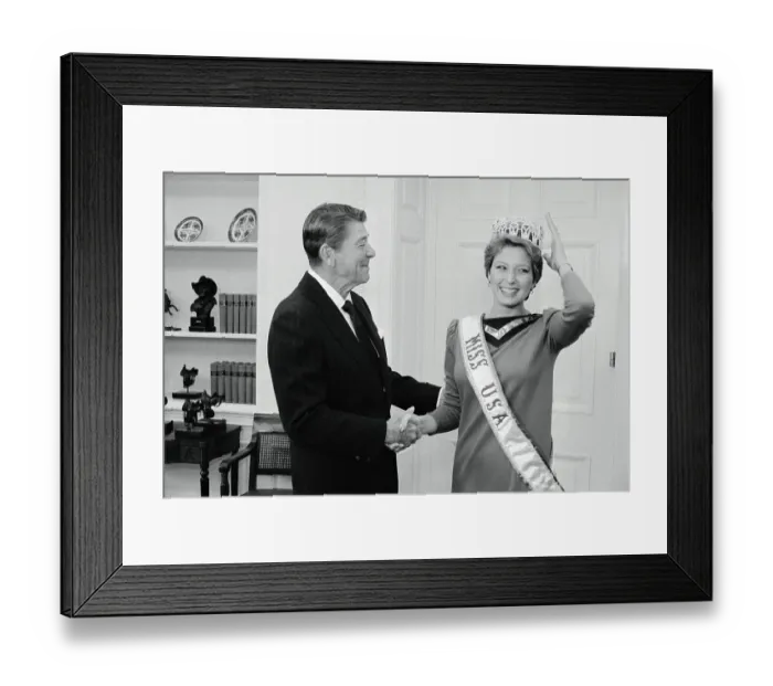 Framed Print : Ronald Reagan Shaking Hands with Miss U.S.A Framed Print : Ronald Reagan Shaking Hands with Miss U.S.A