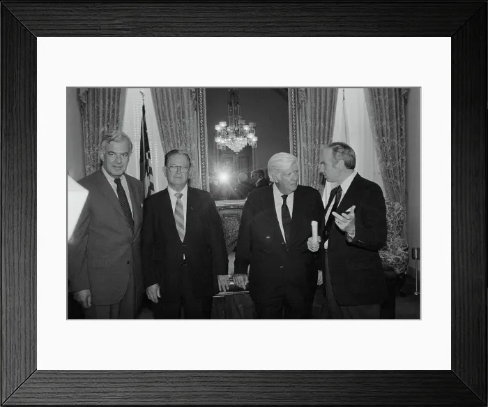 Framed Print : Ronald Reagan and Staff Members with Press Framed Print : Ronald Reagan and Staff Members with Press