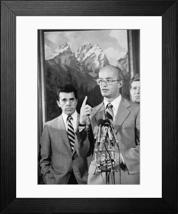 Framed Print : James Watt Speaking at Press Conference