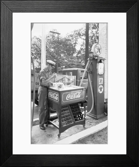 Framed Print : Gas Attendant Chips Ice For Coke Machine Framed Print : Gas Attendant Chips Ice For Coke Machine
