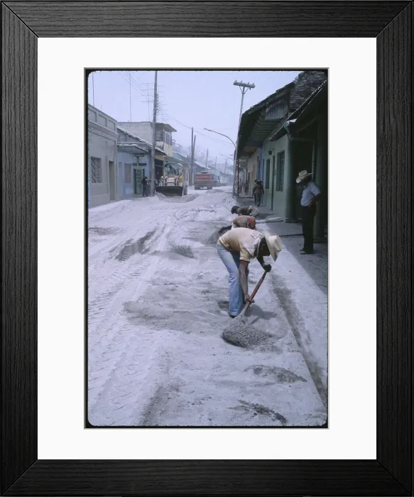 Framed Print : People Cleaning Debris from Eruption Framed Print : People Cleaning Debris from Eruption