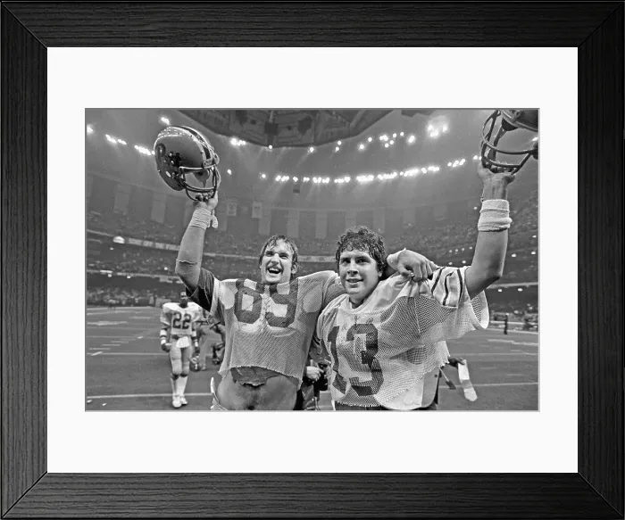 Framed Print : Dan Marino and John Brown Celebrate During Football Game Framed Print : Dan Marino and John Brown Celebrate During Football Game