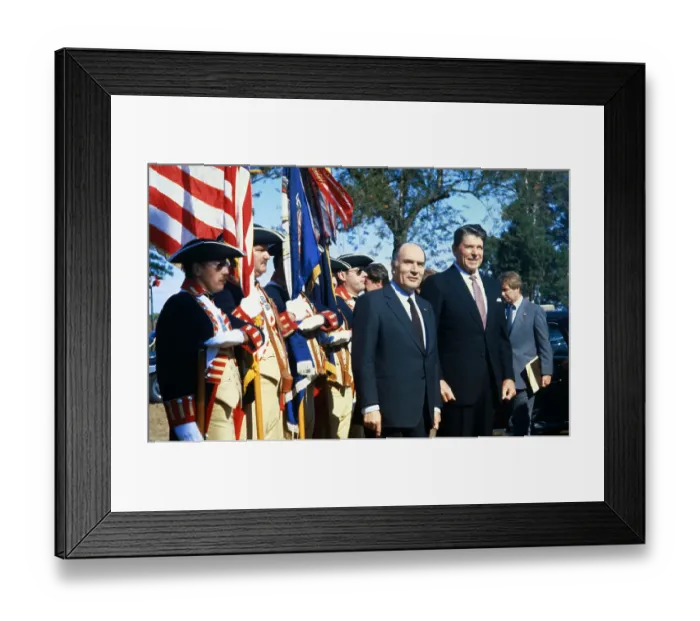 Framed Print : President Reagan an Mitterrand with Revolutionary Guards Framed Print : President Reagan an Mitterrand with Revolutionary Guards