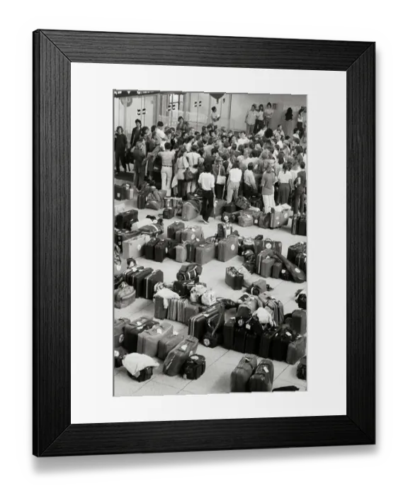 Framed Print : Rows of Stranded Passengers Baggage at Airport Framed Print : Rows of Stranded Passengers Baggage at Airport
