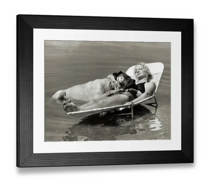Framed Print : Woman Tanning with Dog Framed Print : Woman Tanning with Dog