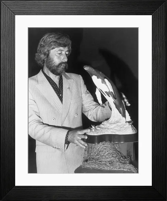 Framed Print : Jean Michel Cousteau with Whale Sculpture Framed Print : Jean Michel Cousteau with Whale Sculpture