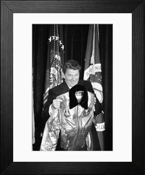 Framed Print : President Reagan Showing Flight Jacket Framed Print : President Reagan Showing Flight Jacket