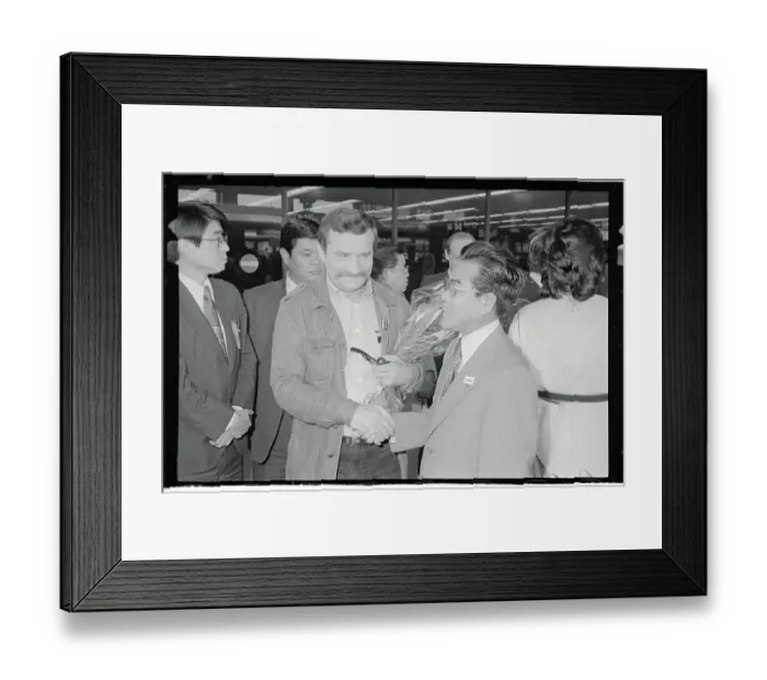 Framed Print : Lech Walesa and Motofumi Kakieda Shaking Hands