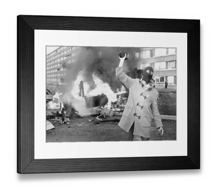 Framed Print : Belfast:Masked Protester on Riot Torn Street 1981 Framed Print : Belfast:Masked Protester on Riot Torn Street 1981