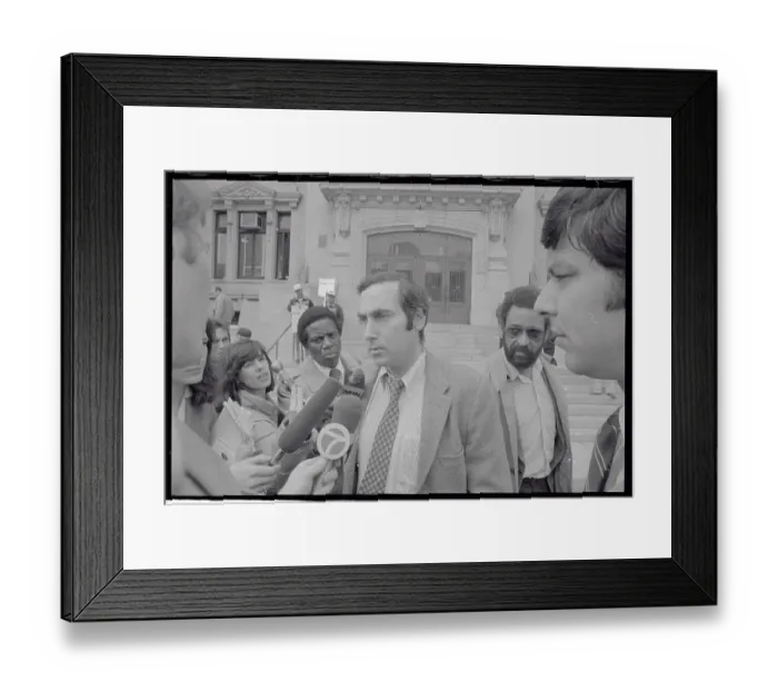 Framed Print : Sandy Frucher Speaking to Reporters Framed Print : Sandy Frucher Speaking to Reporters