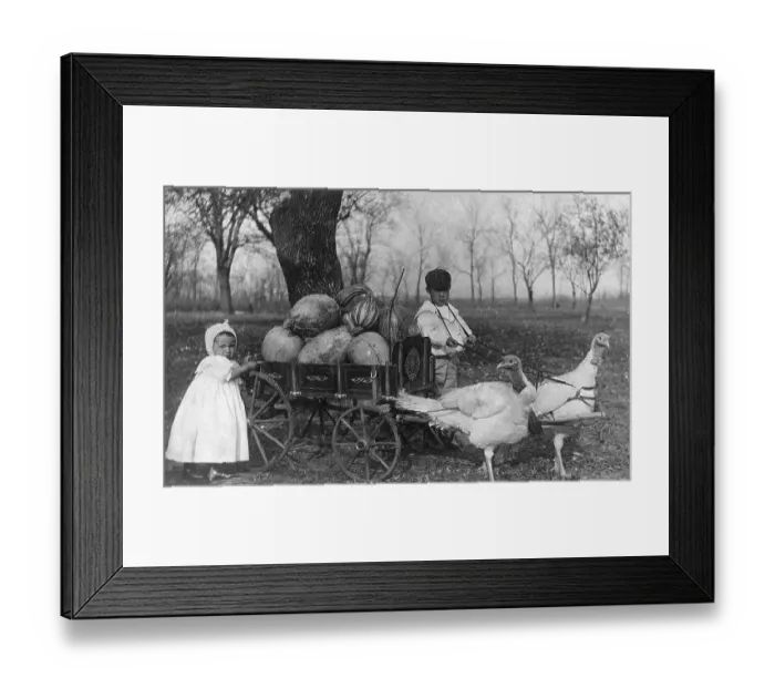 Framed Print : Children with Turkey Pulled Wagon Framed Print : Children with Turkey Pulled Wagon