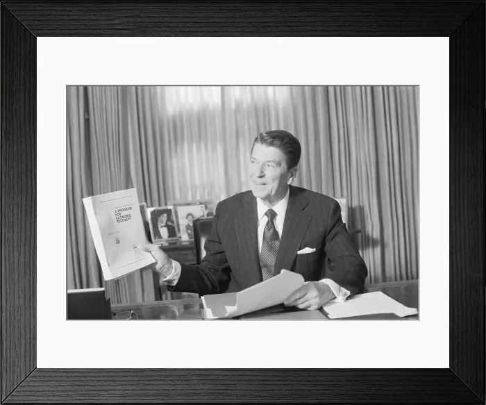 Framed Print : President Reagan With Economic Report Framed Print : President Reagan With Economic Report