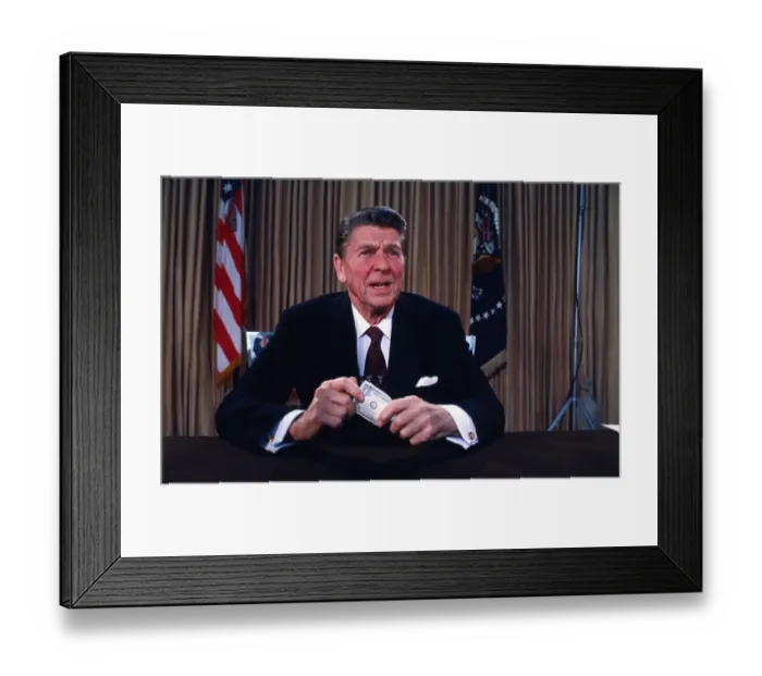 Framed Print : President Reagan Holding a Dollar Bill Framed Print : President Reagan Holding a Dollar Bill