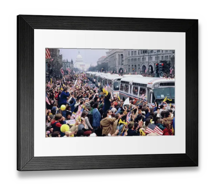 Framed Print : Crowd Surrounding Bus Carrying Former Iran Hostages Framed Print : Crowd Surrounding Bus Carrying Former Iran Hostages