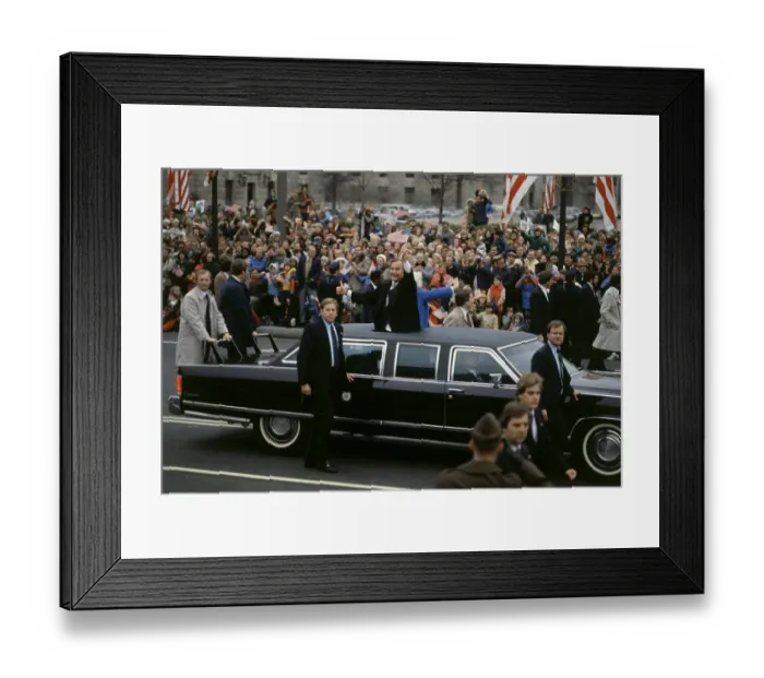 Framed Print : George Bush Waving to Crowds from Car Framed Print : George Bush Waving to Crowds from Car